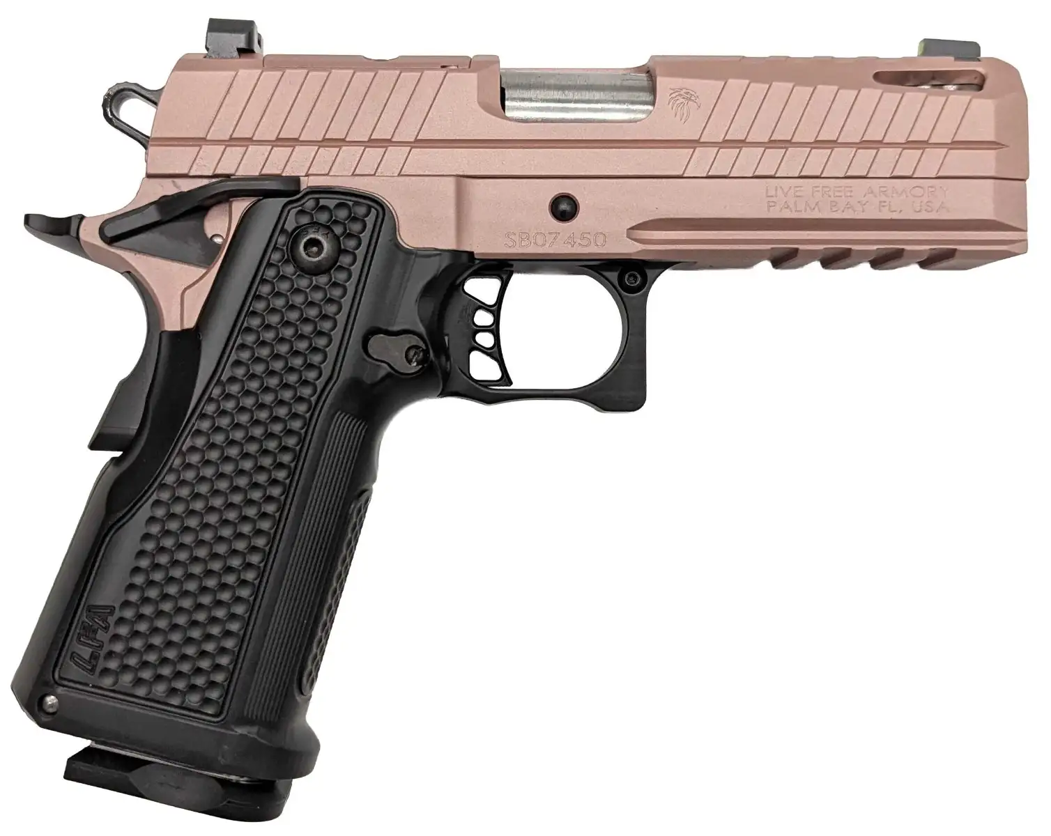 LIVE FREE ARMORY LF APOLLO 11 HGA 9MM 4.15IN BBL ROSE BLUSH 17RD COMPACT PORTED ALUM GRIP BLK