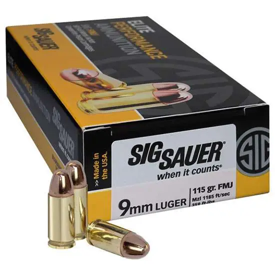 Sig SAUER 9mm Luger 115gr FMJ 50rd/Box Elite Ball Ammo (E9MMB1-50) - Sig Sauer - FULL METAL JACKET