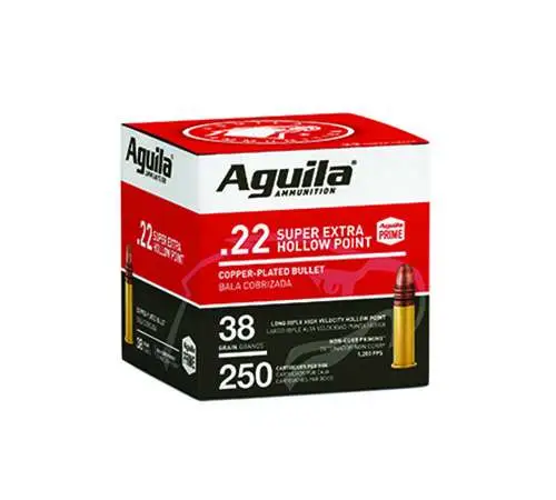 Aguila 1B221103 22LR Ammo: 38gr Copper-Plated Hollow Point, 250 Rounds, 8 Boxes/Case